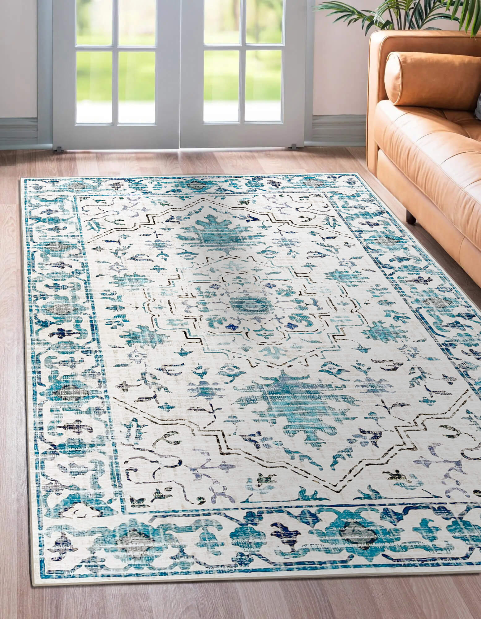 Peoria Persian Machine Washable Area Rug, Blue, Grey & Cream - KL Eco Decor